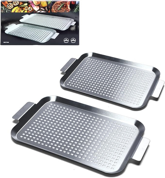 Grill Pan Set of 2, BBQ Grill Topper for Outdoor Grill, Stainless Steel Grilling Baskets with Holes and Handles, Perforated Food Tray Barbecue Accessories for Vegetable, Fish, Meat, Seafood