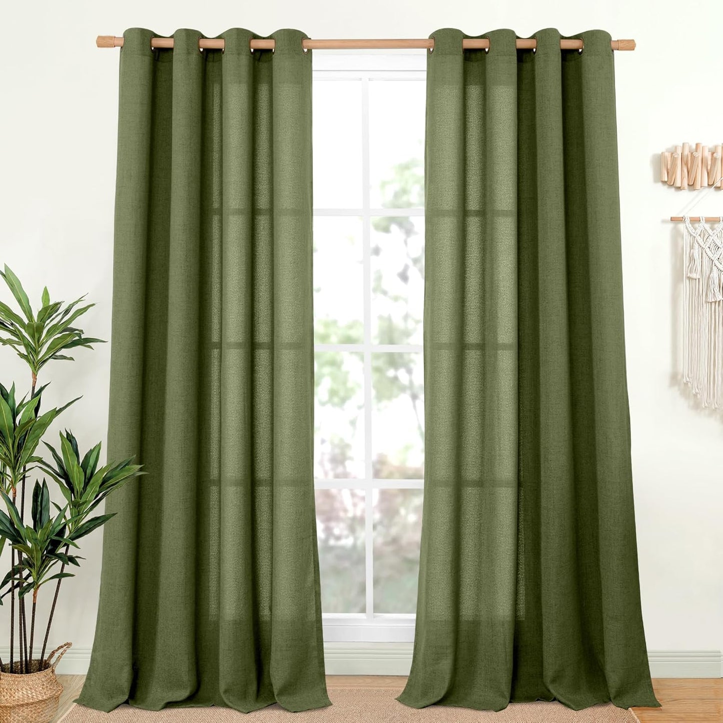 YoungsTex Olive Linen Semi Sheer Curtains 84 Inch Length 2 Panels for Living Room, Dark Green Drapes Light Filtering with Bronze Grommet Window Treatments for Dining Bedroom, 52 X 84 Inch