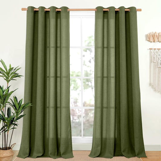 YoungsTex Olive Linen Curtains 95 Inches Long 2 Panels for Living Room, Dark Green Semi Sheer Drapes with Bronze Grommet Window Treatments Floor Length for Bedroom Dining, 52 X 95 Inch