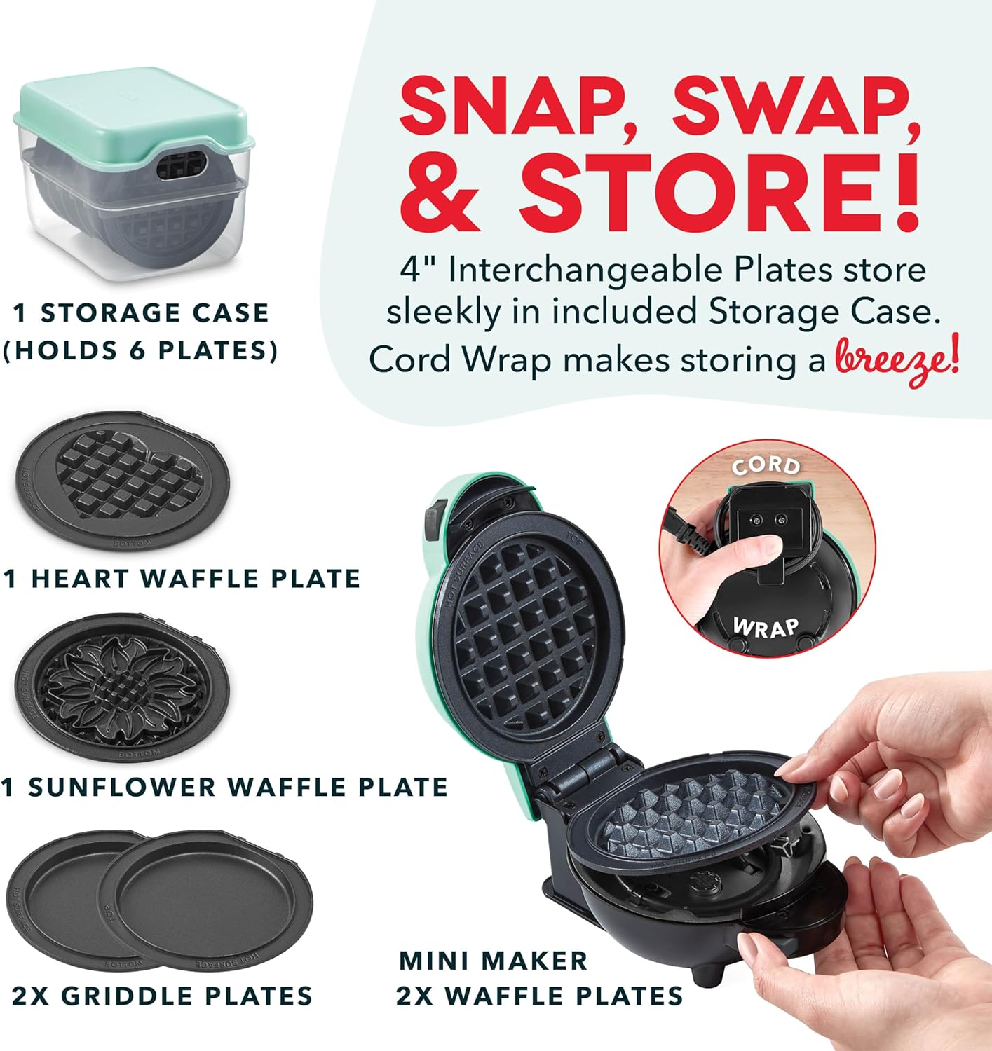 DASH Multimaker Mini System - Waffle Maker with Six 4” Removable Plates & Storage Case: Waffle Iron & Griddle, 4-in-1 Mini Waffle Maker for Kids and Families – Nonstick Surface, Just Add Batter (Aqua)