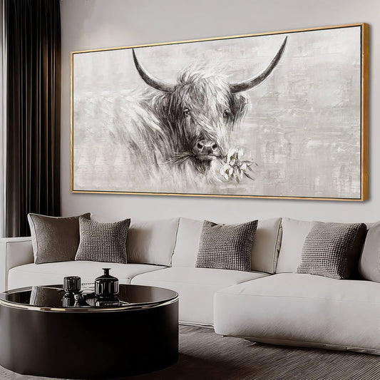 MLART99 Extra large Elegant Cow Canvas Animal Wall Art White and Grey Posters with Floral Gold Ox Print - 32x70 Inch Modern Home Decor for Living Room Entryway