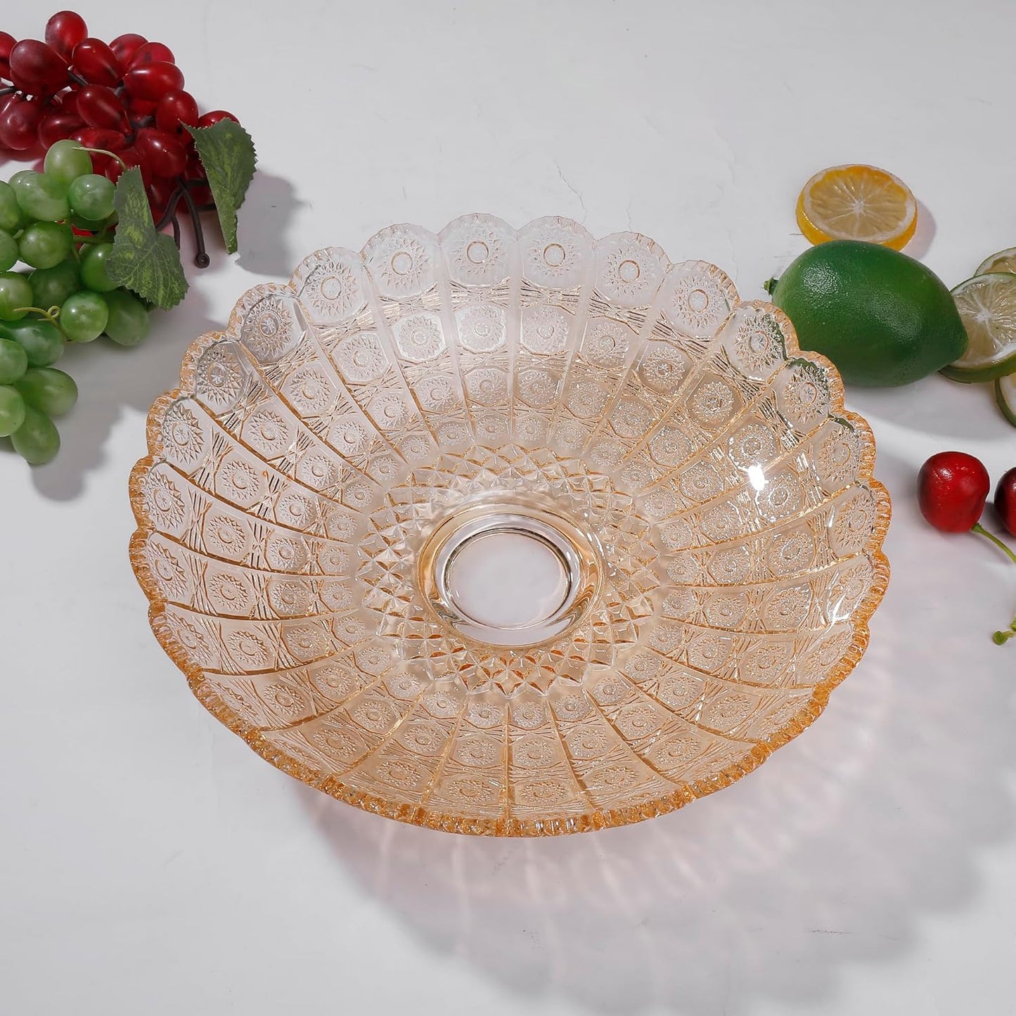 Unique Gold Flower-Shaped Crystal Glass Decorative Footed Bowl -10.6 inch Diameter, Tabletop Fruit Plates Dessert Plate Cake Plate,Candy Tray,Wedding Home Decor.