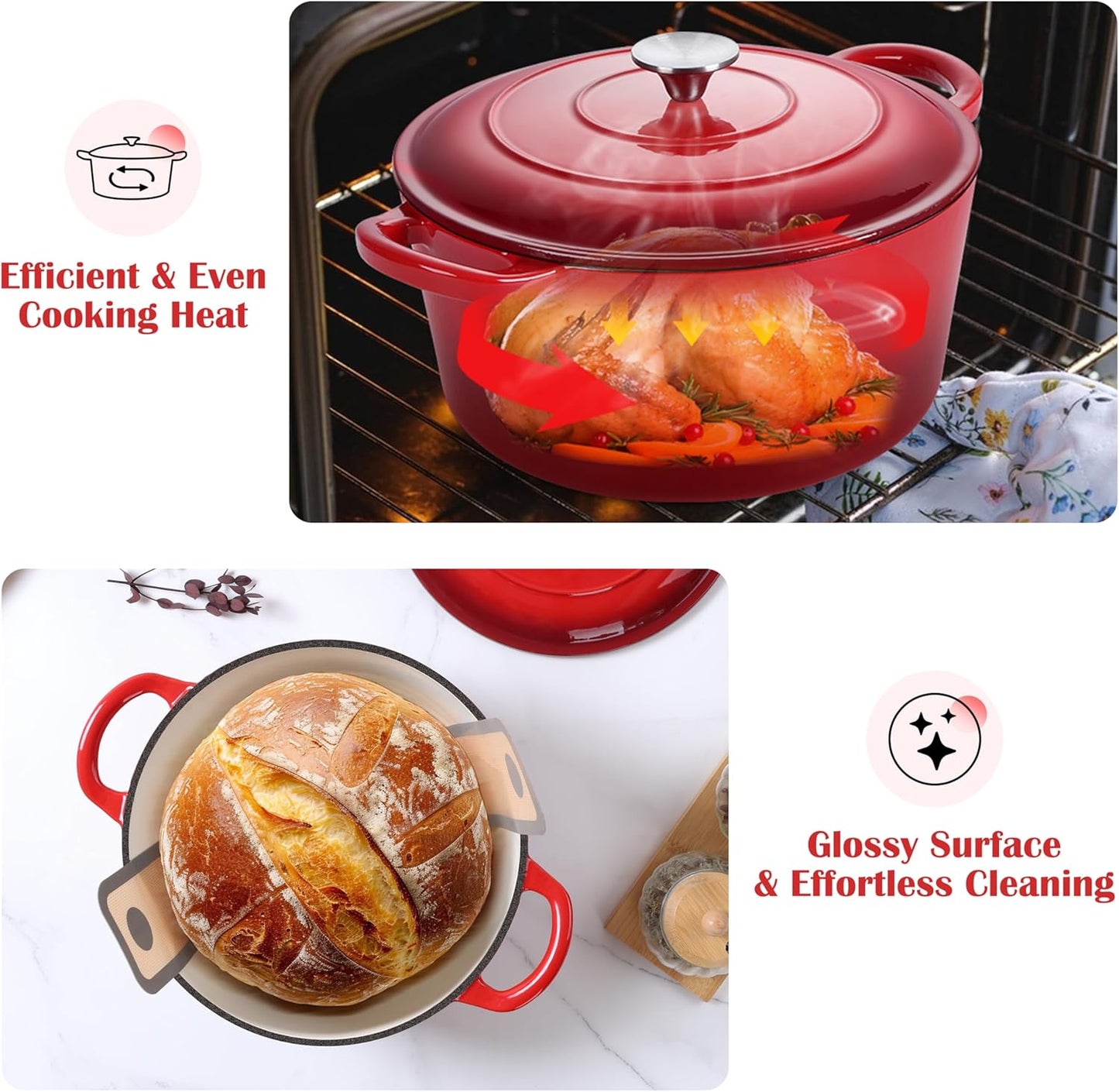 E-far Enameled Dutch Oven Pot for Bread Baking, 6QT Enameled Cast Iron Cookware with Self-Basting Lid & Sourdough Bread Baking Supplies, Heavy Duty Casserole Pot & Dual Handles-Red