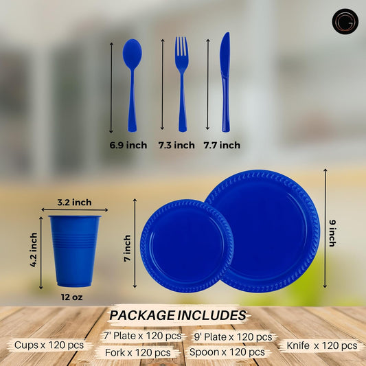 720 Piece Blue Disposable Dinnerware Set (120 Guests) Plastic Dinnerware Set Disposable - 120 Count, 9" Dinner Plates, 7" Dessert Plates, 12oz Cups, Forks, Knives & Spoons- Plastic Party Plates Set