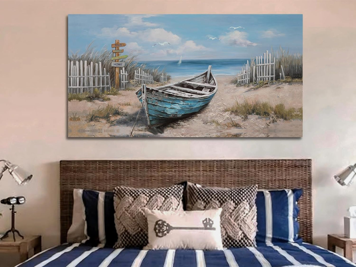 Ardemy Boat Canvas Wall Art for Living Room Large Teal Bedroom Pictures Wall Decor Textured Beach Paintings Artwork Dining Room Home Office Kitchen, 58"x29"