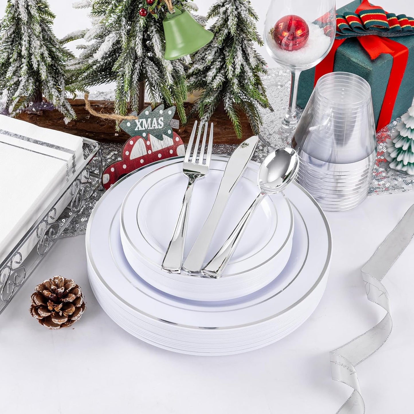 GATHER 700PCS Silver Plastic Plates - Silver Plate Set 100Guest - Disposable Dinnerware Sets 100Silver Rim Dinner Plates 100Silver Dessert Plate 100Paper Napkins&Cups&silver Plastic Silverware Set