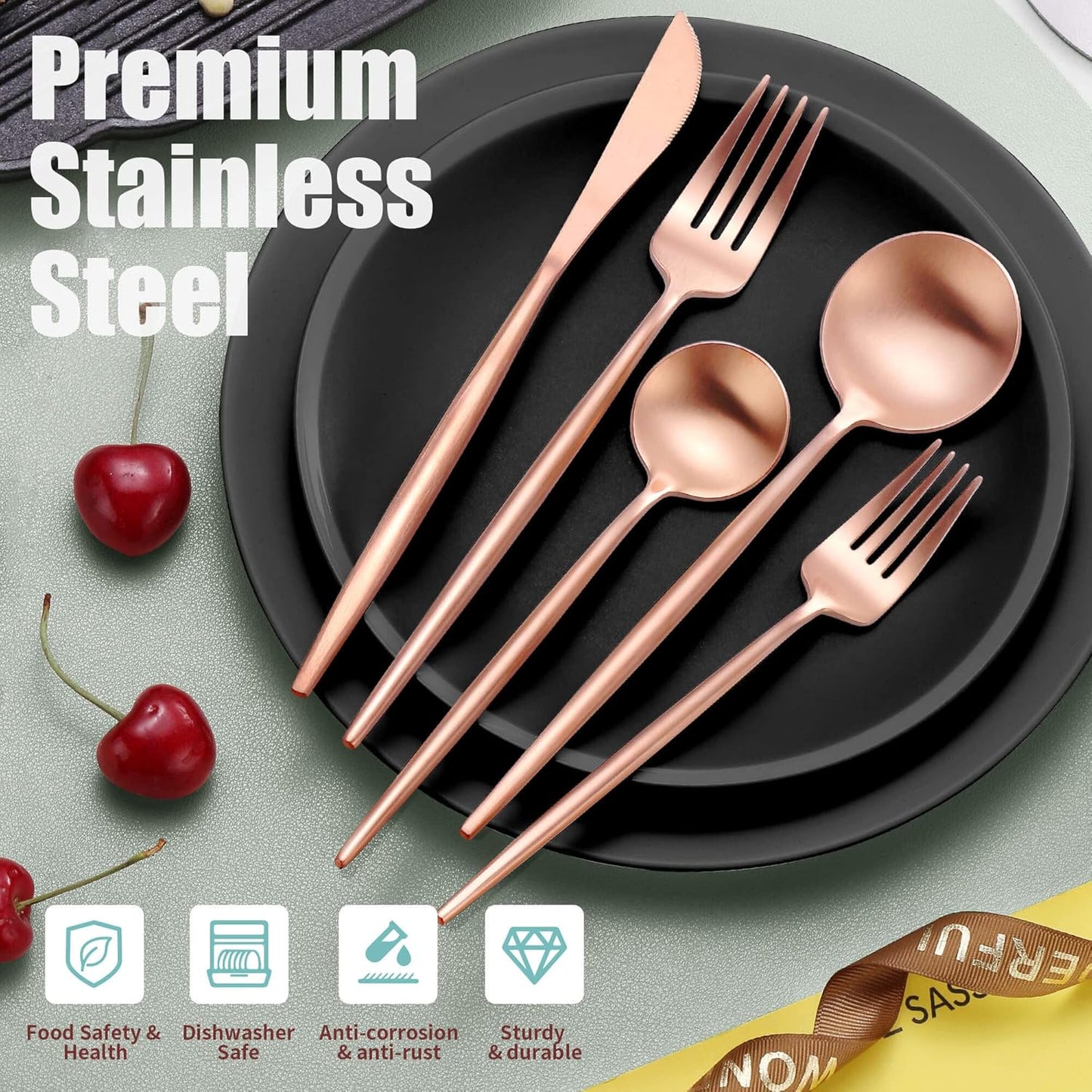 Lemeya Matte Rose Gold Silverware Set for 4,Modern Stainless Steel Brushed Cutlery Set,20-Pieces Heavy Duty Flatware Set,Knives Spoons and Forks Set Utensils Set, Satin Finish, Dishwasher Safe