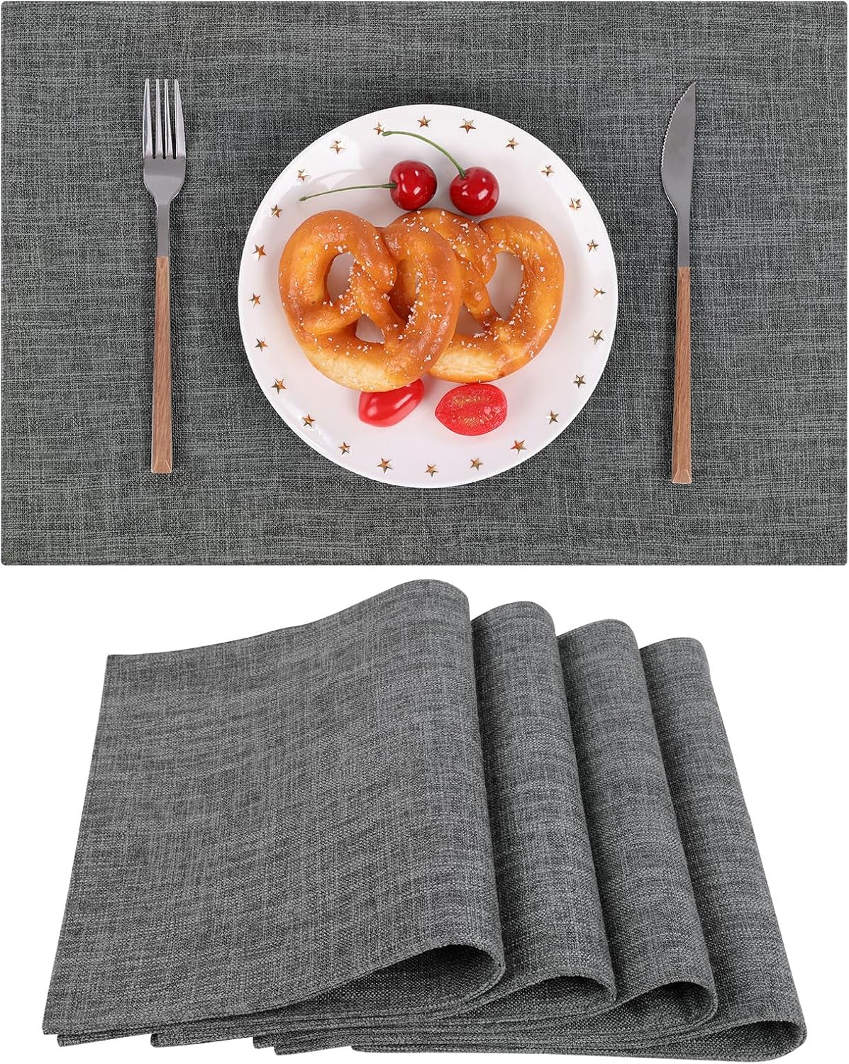 SHACOS Woven Fabric Placemats Set of 4 Heat Resistant Place Mats Non Slip Washable Double Layer Cloth Placemats Reversible Table Mats Kitchen Dining Table Decor (4, Dark Grey)