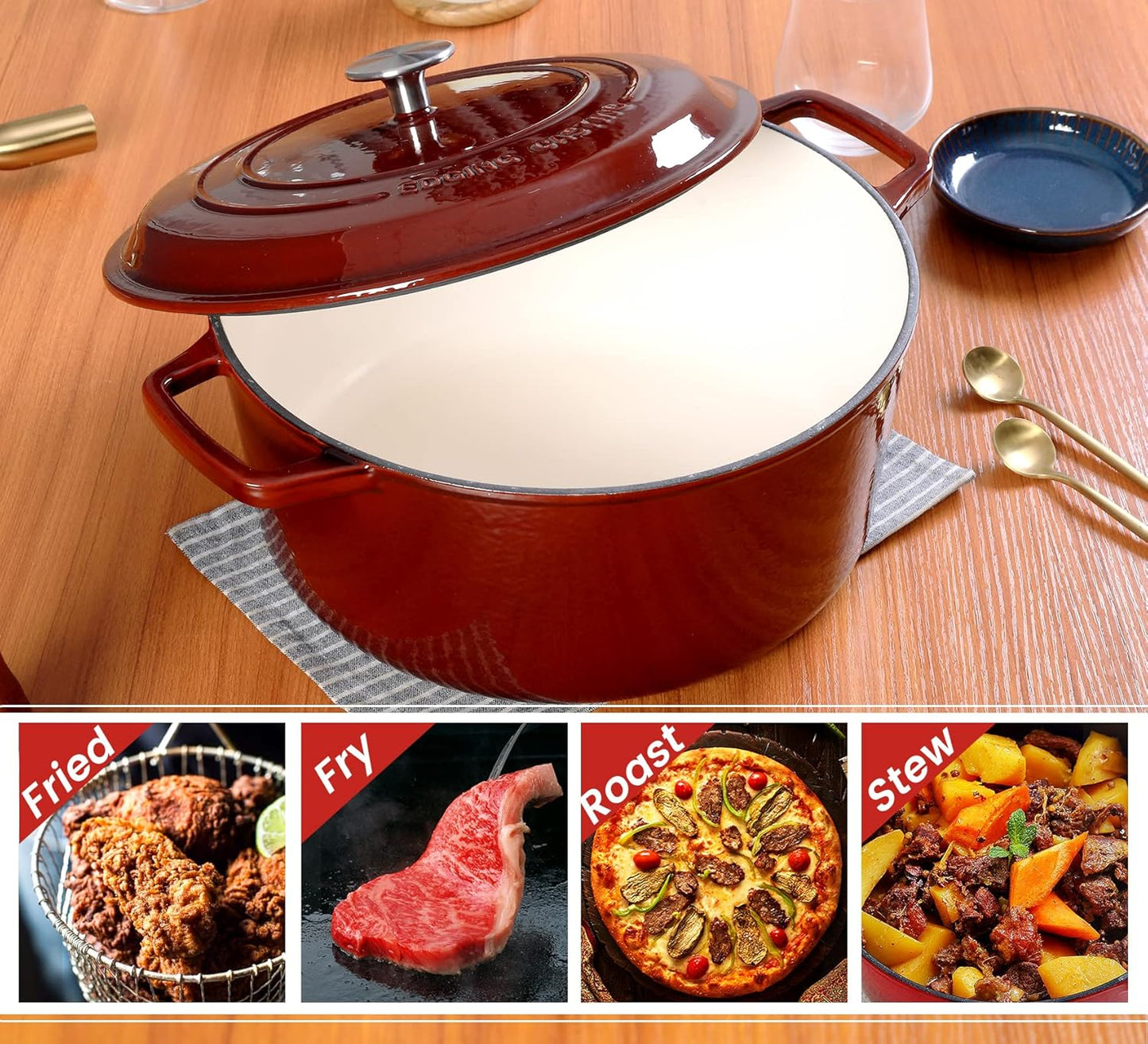 Enameled Cast Iron Dutch Oven Pot With Lid, Dutch Oven for Sourdough Bread Baking Round Pot Dule Handle, 6 Quart, Wine Red