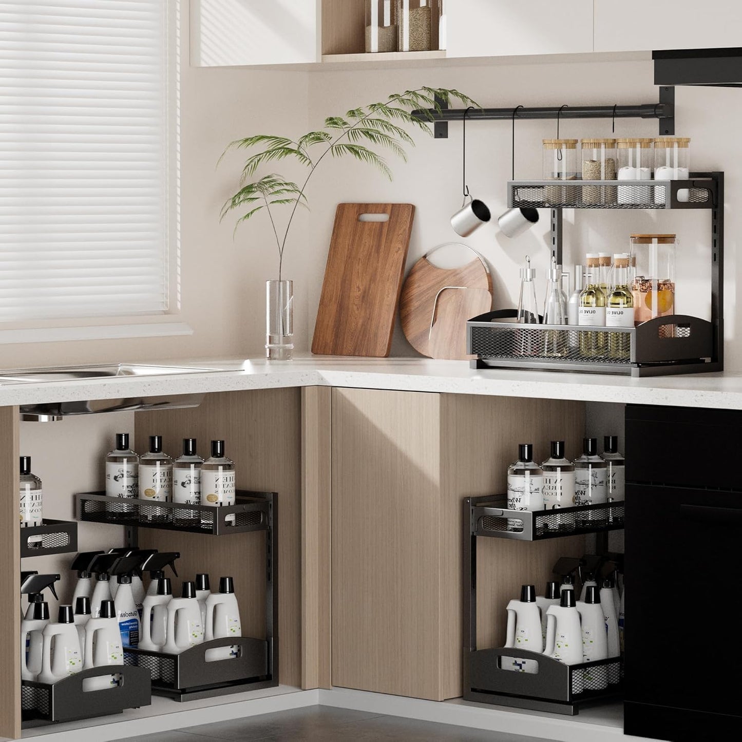 Under Sink Organizer,2 Pack Height Adjustable Under Sink Organizers and Storage, 2 Tier Under Sink Storage for Kitchen Bathroom Cabinet