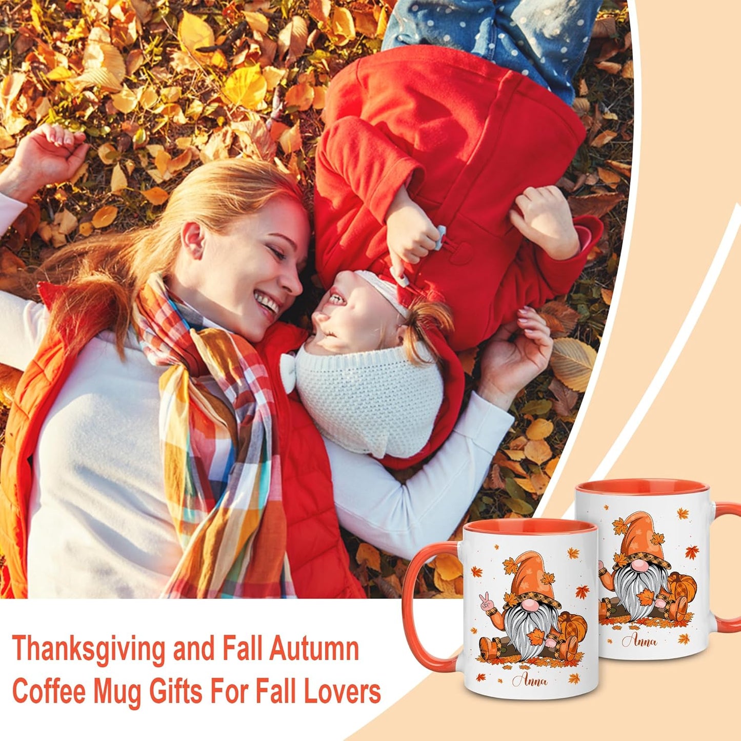 Hyturtle Personalized Fall Gnome Mug - Autumn With Pumpkin Maple Leaf - Custom Name Coffee Cup Ceramic 11oz 15oz - Gifts for Women - Fall Thanksgiving Decor - Birthday