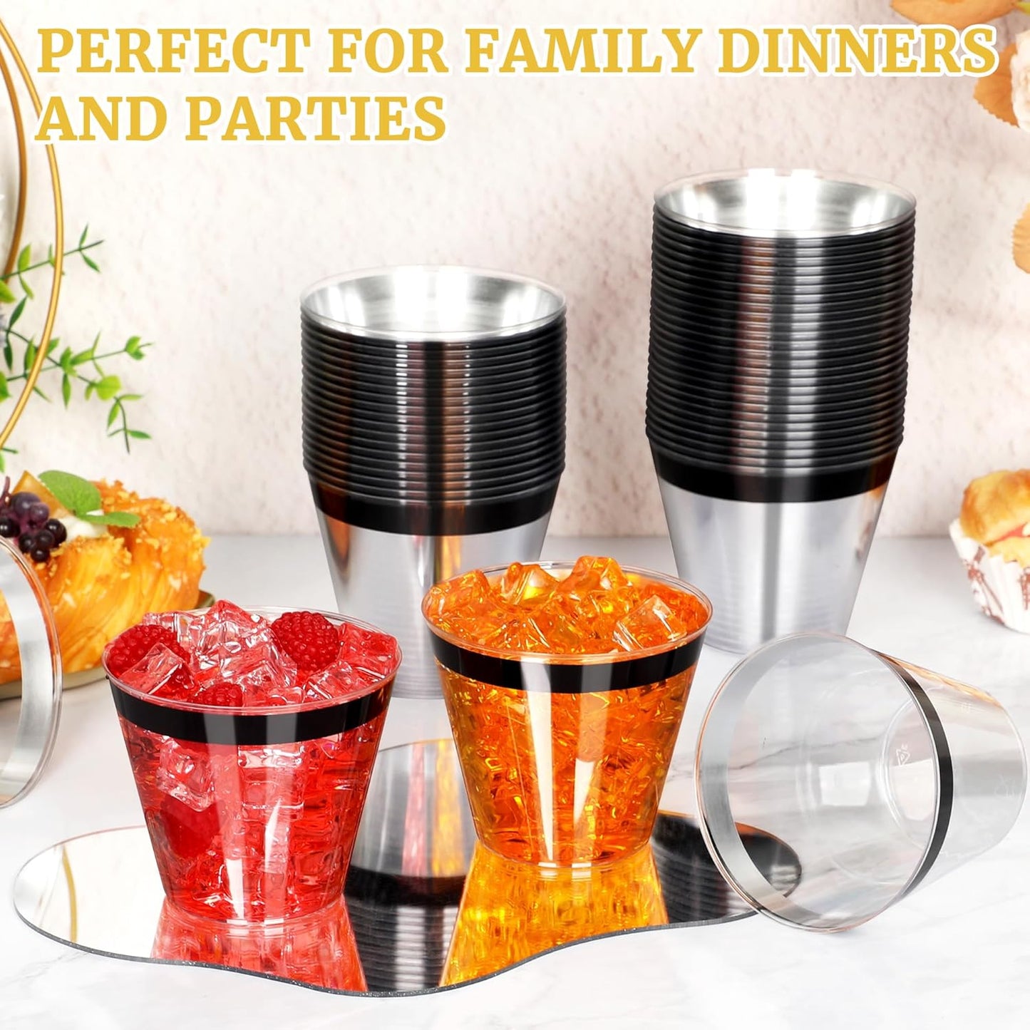 120 Pcs Black Plastic Cups,9Oz Black Rimmed Plastic Cups,Heavy Duty Clear Disposable Plasitc Cocktail Tumblers Wine Cup for Party,Wedding,Birthday,Christmas