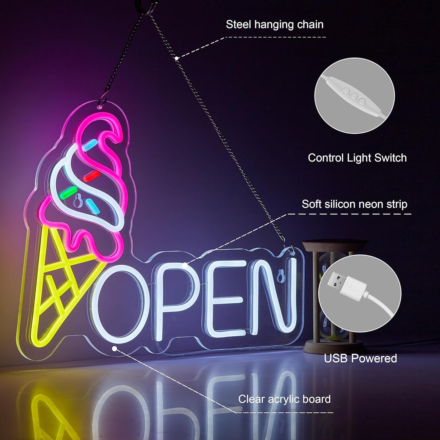 Ice Cream Open Neon Sign for Wall Décor Dimmable Business Store Drink Shop LED Neon Light USB Powered Neon Art Signs Decor
