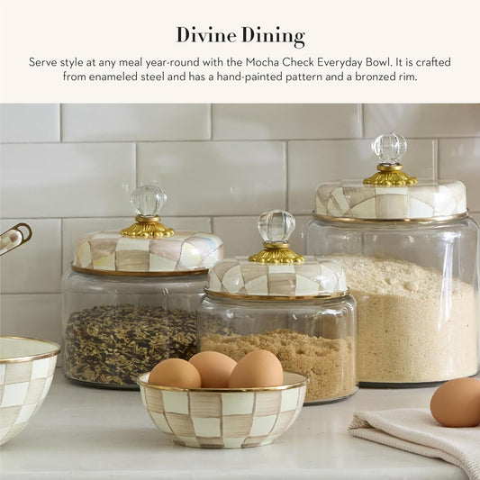 MACKENZIE-CHILDS Enamel Everyday Bowl, Serving Bowl for Entertaining, Extra Small, Brown-and-White Mocha Check