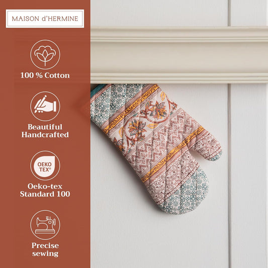 Maison d' Hermine Oven Gloves 100% Cotton Oven Mitt 7" x 13" with Loop Heat Resistant BBQ Cooking Gloves for Thanksgiving Christmas Decorations Baking Handling Hot Pans (Pack of 1, Nila)