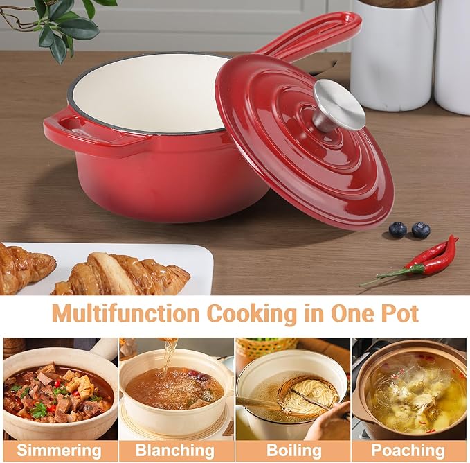 Enameled Cast Iron Sauce Pan, 1 Quart Enameled Saucepan with Lid, Mini Dutch Oven Enamel Saucepan for Cooking Pasta Sauce, Gravy, Puddings, Marinate, Boiling (Gradient Red)