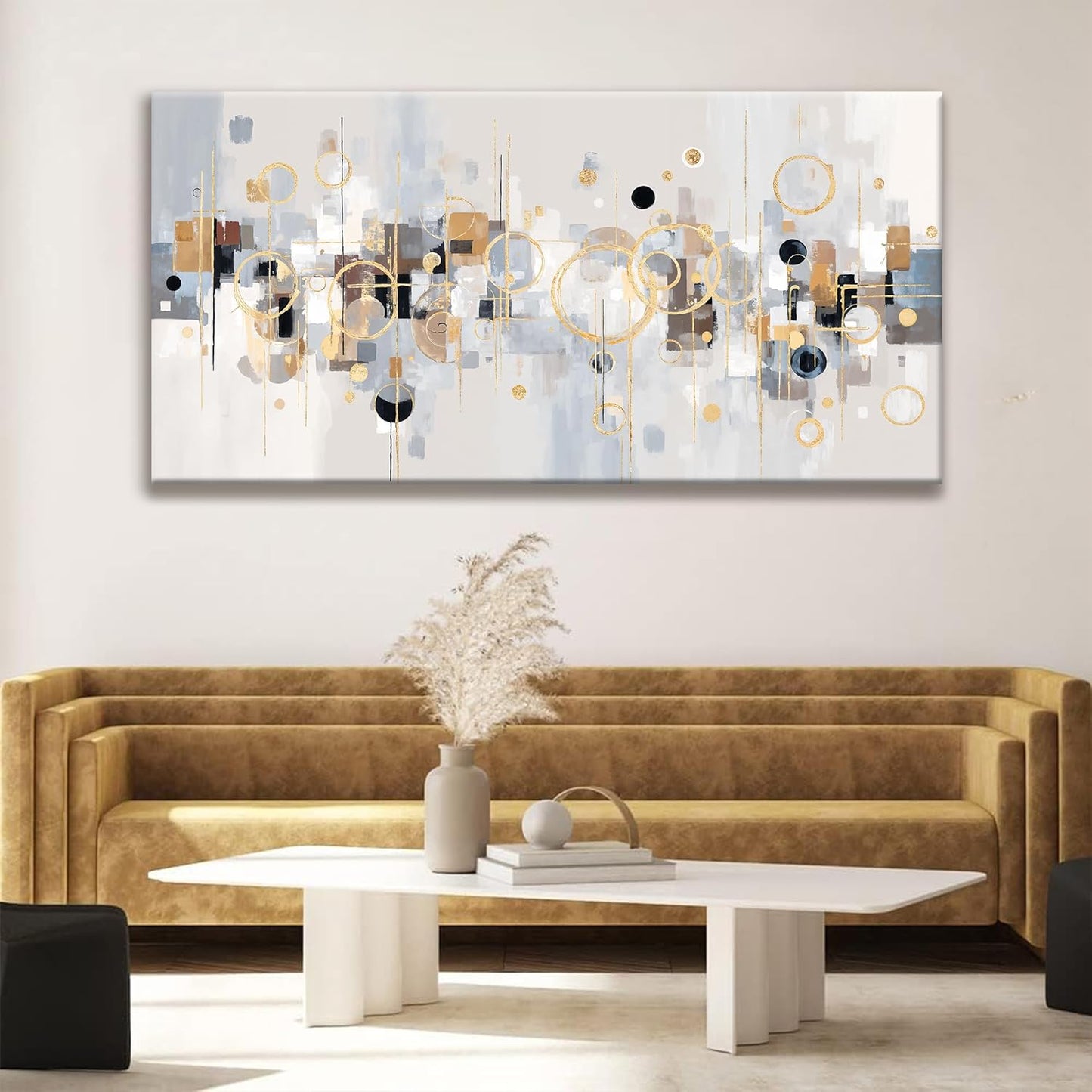 Large Wall Art Decor Minimalist Gold Circles Grey Abstract Wall Art Living Room Home Wall Decor 29x58 Inch Artwork For Walls Office Bedroom Kitchen Canvas Prints