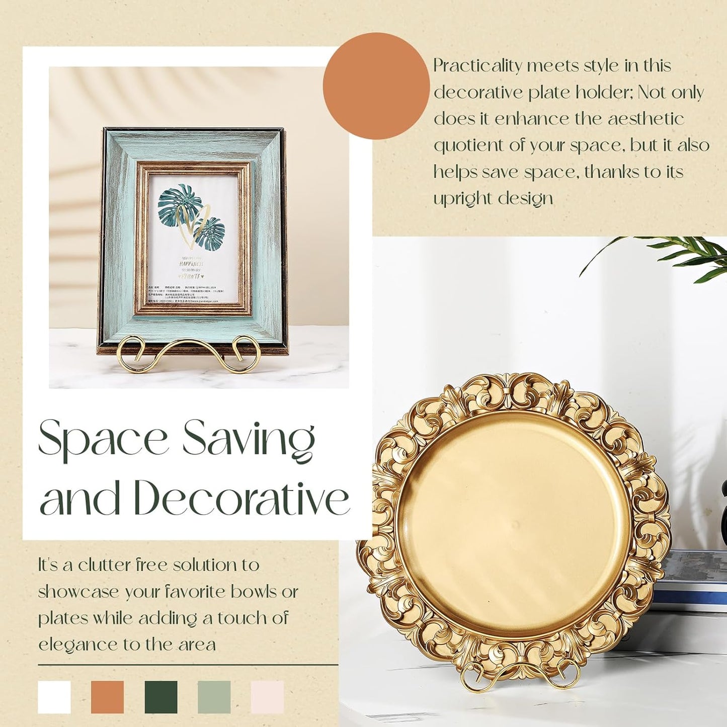 Baderke Wrought Iron Bowl Deep Platter Stand Detachable Metal Scroll Display Rack Easel Metal Bowl Display Stand Decorative Holder Dish Picture Easel(Gold,1 Pcs)