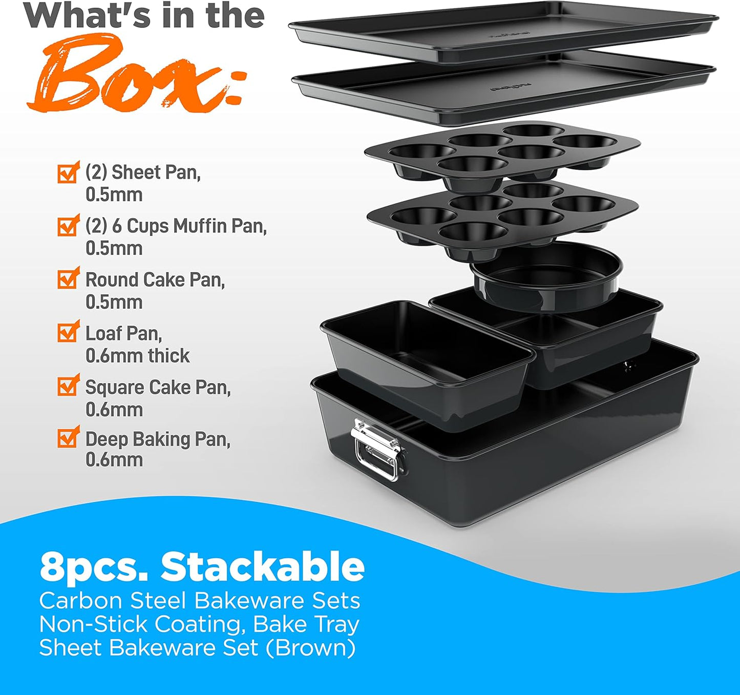 NutriChef 8-Piece Stackable Nonstick Bakeware Set - Premium Steel Baking Pans Set - Includes Round Cake Pan, 6-Cup Muffin Pans, Wide/Square Brownie & Loaf Pans, Cookie Sheet, & Roaster Pan (Black)