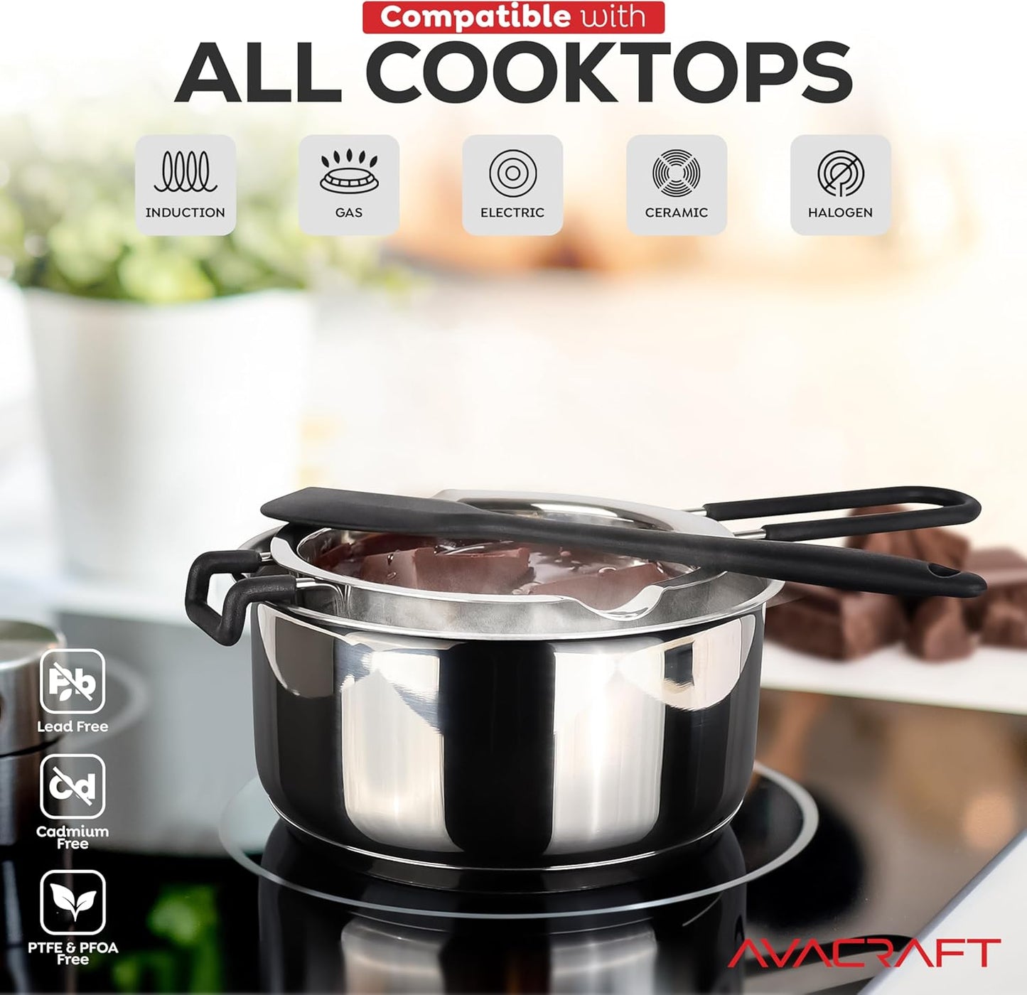 AVACRAFT Double Boiler 18/8 Stainless Steel Double Boiler Pot with Stainless Steel Pot and Silicone Spatula, Double Boiler Set for Melting Chocolate, Candy, Soap, Wax, Candle Making (1 Quart)