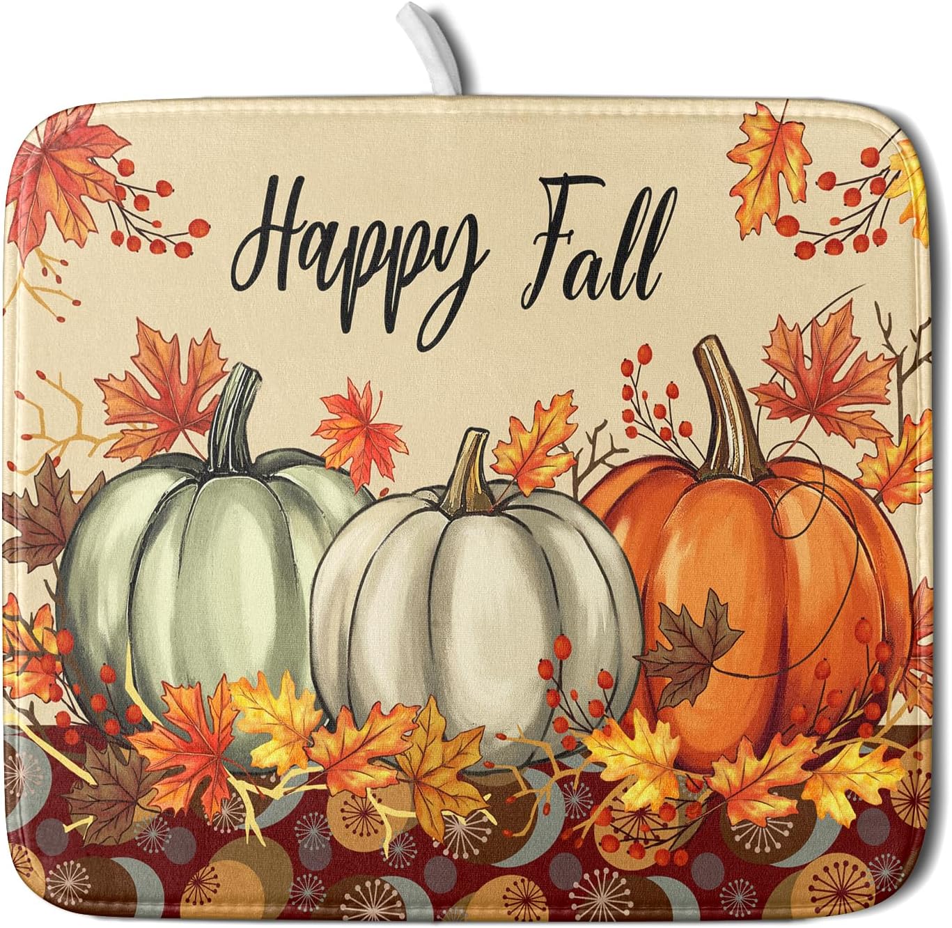 Happy Fall Dish Drying Mats 16x18 Inch, Autumn Orange Pumpkin Maple Leaves Seasonal Style Microfiber Drainer Rack Absorbent Pad for Kitchen Countertop Coffee Bar Holiday Decor