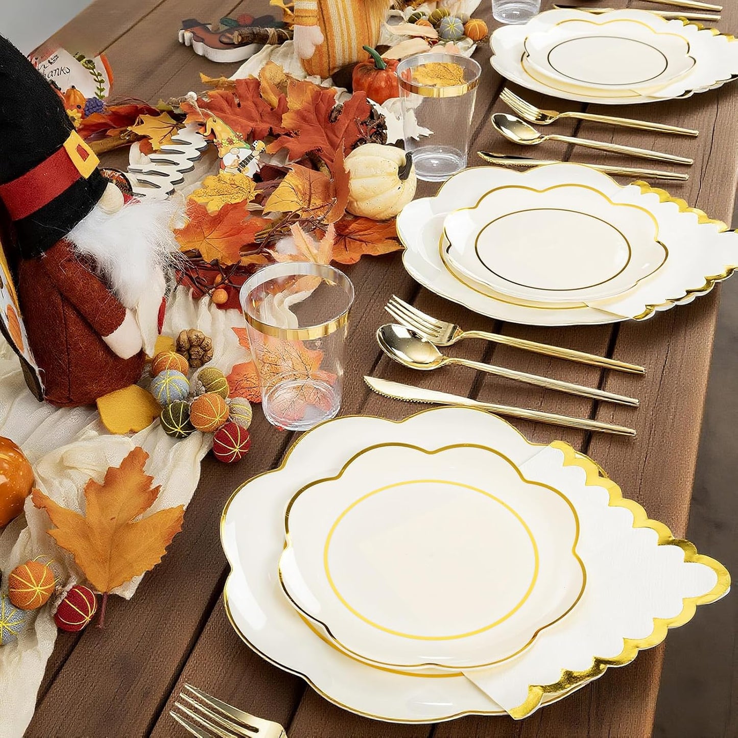 WONDERFUL 350PCS Ivory Plastic Plates for Party Plates Disposable Heavy Duty Ivory Gold Plastic Dinnerware Set for 50 Guests - 100 Disposable Plate,150 Silverware,50 Cup,50 Wedding Napkins for Wedding