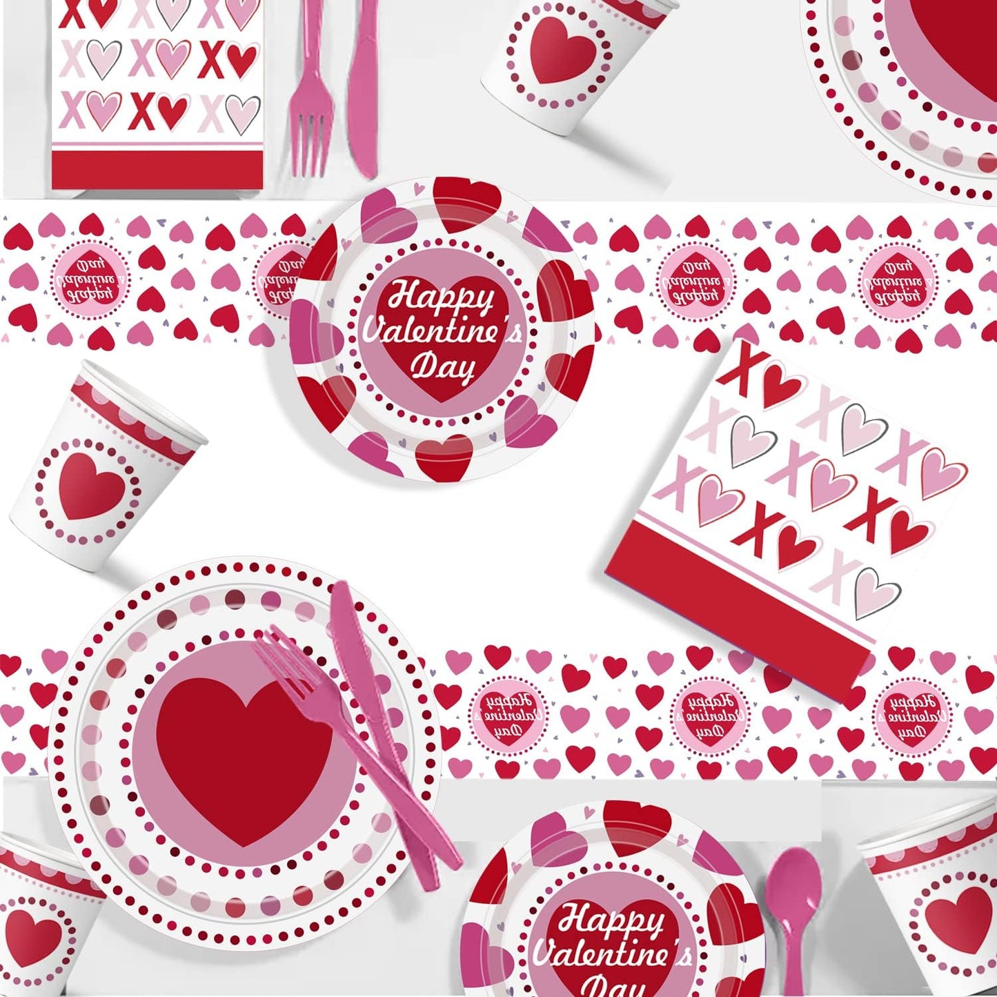 2025 Valentines Day Paper Plate Tableware Set - 177 pcs Heart and Love Disposable Dinnerware with 2 Tablecloth - Red Paper Plates Napkins Cups for Valentines Day Kids School Office Party Supply