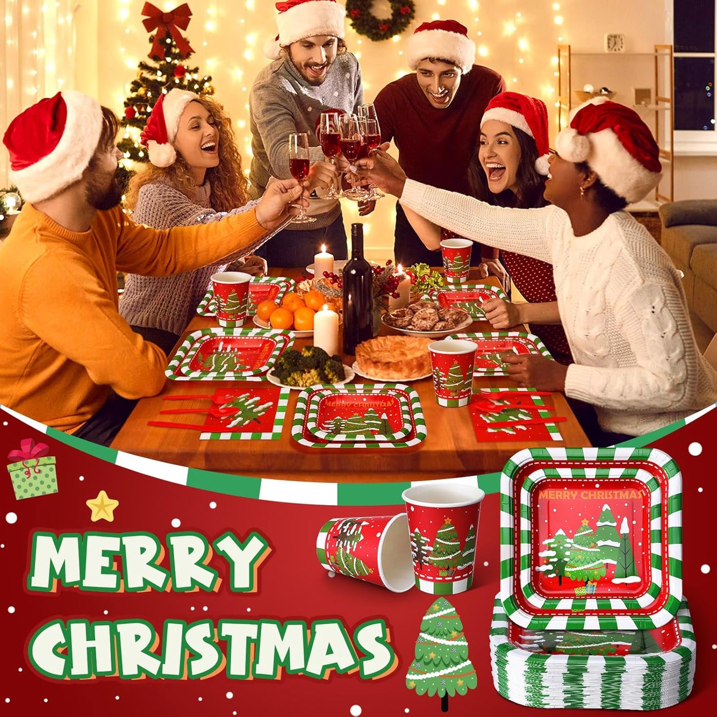 350 Pcs Paper Plates and Napkins Set Disposable Dinnerware Party Supplies Tableware Serve 50 Guest Cups Knife Forks Spoon(Red,Merry Christmas)