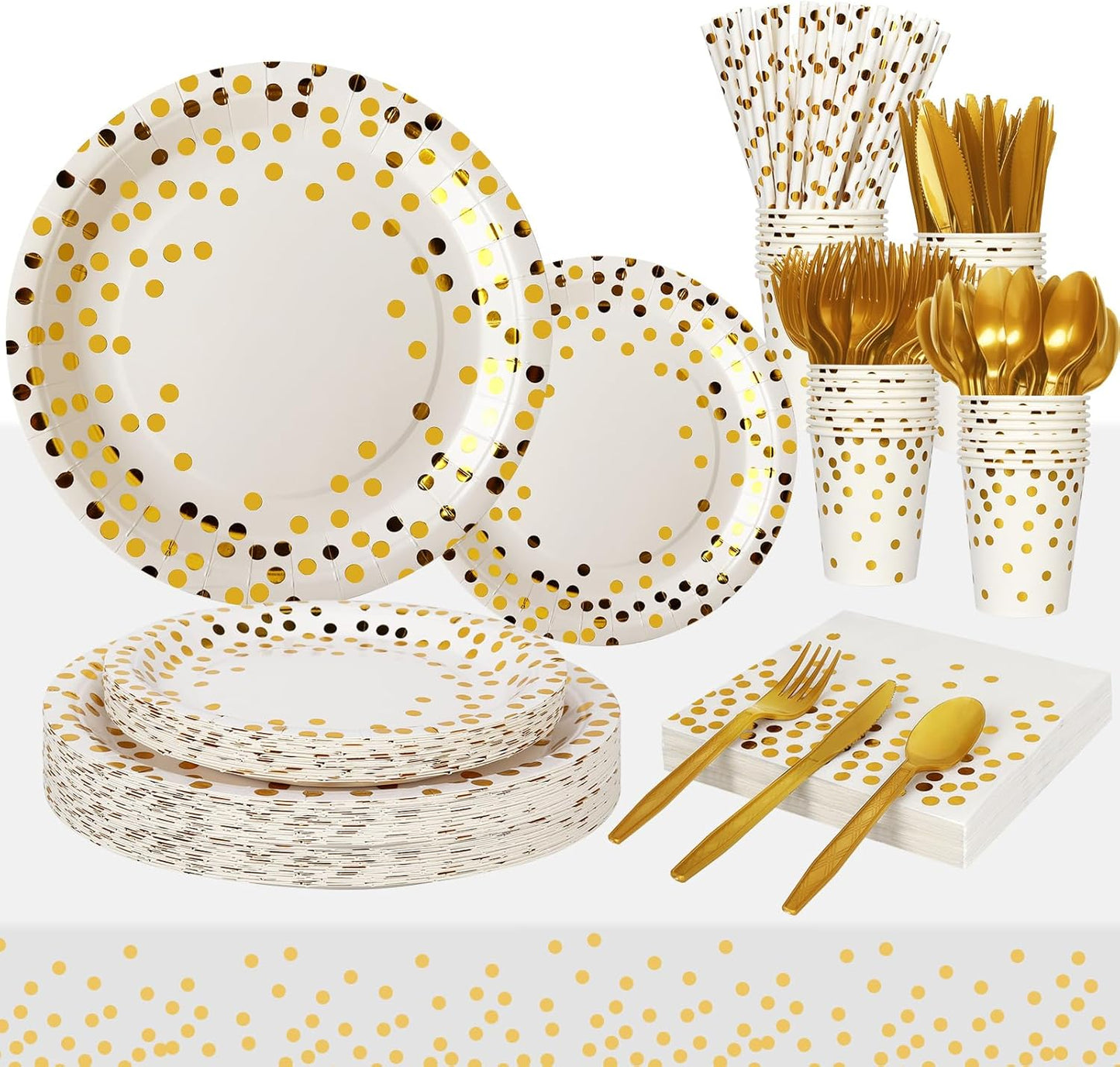 Paper Plates and Napkins Set, 193 Pieces White Gold Party Supplies Includes Paper Plates Cups Napkins Straws and Cutlery for Birthday Wedding Holidays Parties Decorations-24 Guests