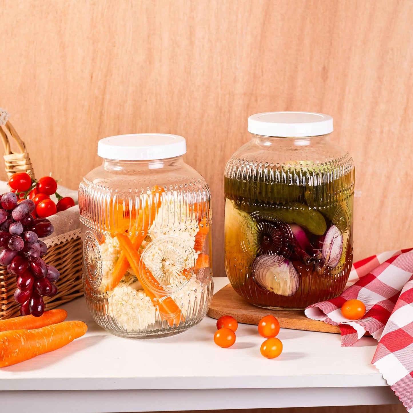 Amzcku 2 Pack 1 Gallon Glass Jar with Lid Wide Mouth, Large Mason Jar with Airtight Screw Lid and Handle, Glass storage containers, Cookie, Candy, Kombucha and fermention