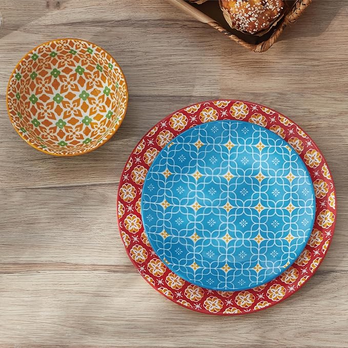 ONEMORE 12 Piece Ceramic Dinnerware Set for 4, Porcelain Plates and Bowls Set - Microwave, Dishwasher & Oven Safe, Durable Everyday & Formal Use, Colorful Stoneware Dish Set