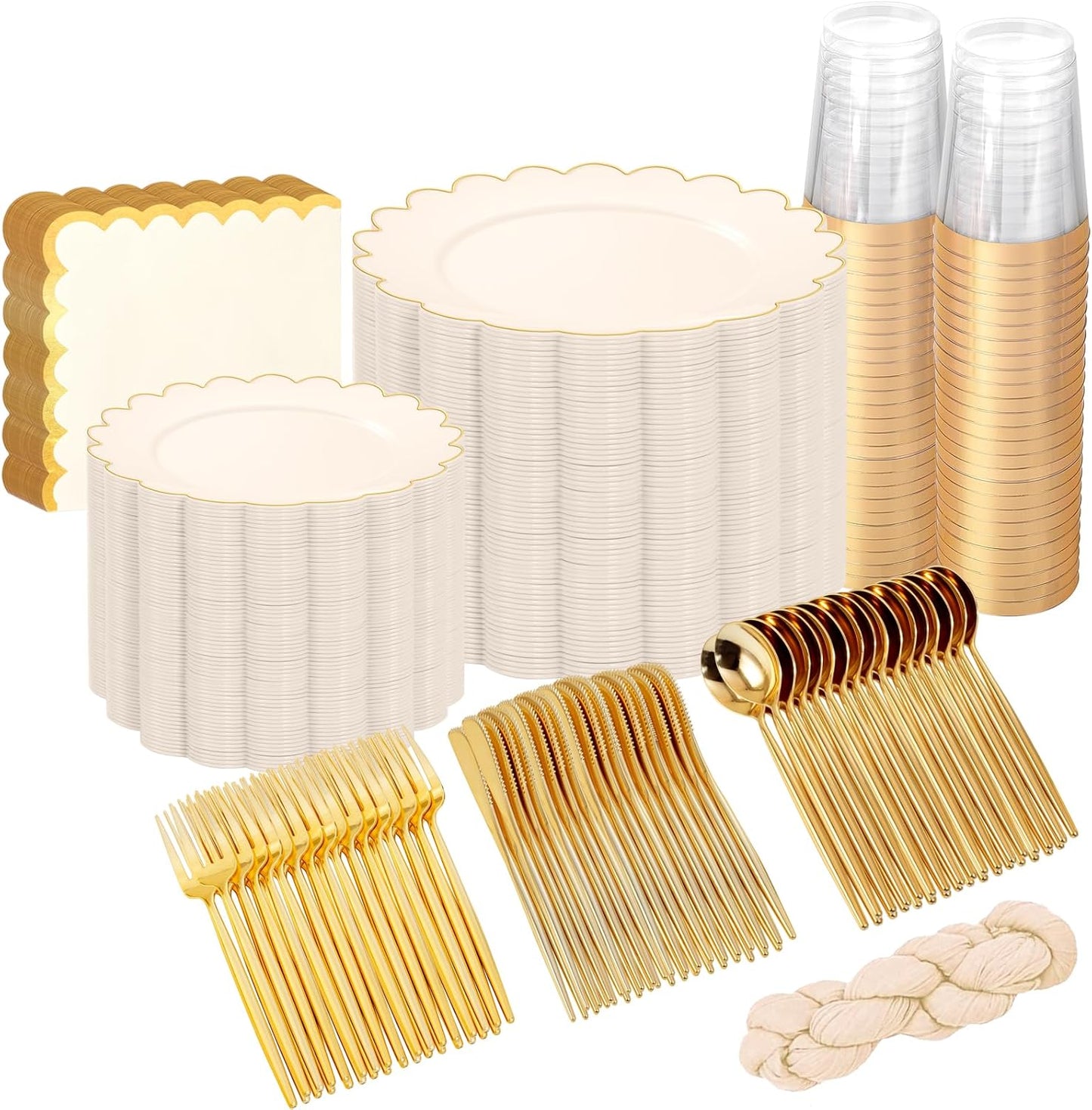 WONDERFUL 351pcs Ivory Plastic Plates - Upgrade Gold Plastic Dinnerware set Includes 100 Disposable Plates 150 Gold Silverware 50 Cups 50 Wedding Napkins 1 Table Runner for Wedding & High End Party