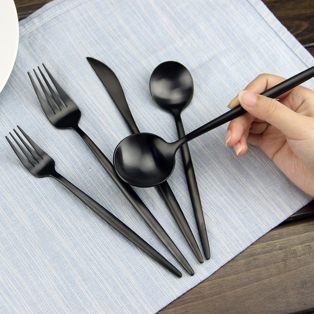 Flatware Set, Matte Black Silverware Set, AOOSY Heavy Solid 20-Piece 18/10 Stainless Steel Flatware Cutlery Set for 4, Mirror Finish, Dishwasher Safe, Nice Box Package(A Matte Black Flatware)