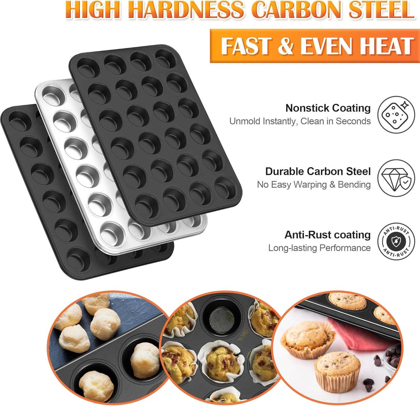 E-far Mini Muffin Pan 24-Cup - Nonstick Carbon Steel Cupcake Tin Tray for Little Bites & Freezer Prep | Warp-Free Bakeware Ensures Even Baking & Effortless Release, Regular Size & Oven Safe