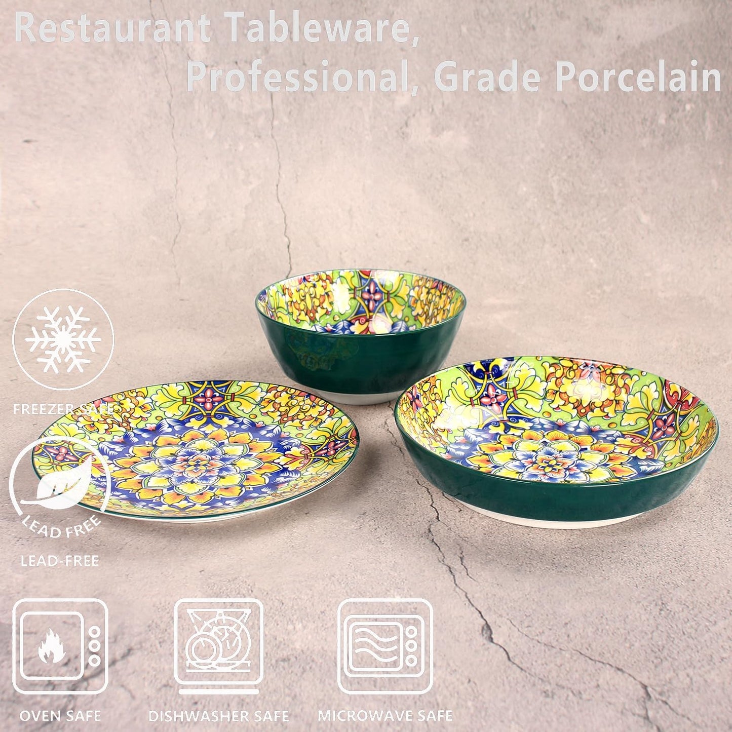 Mandala Dinnerware Sets, Plates and Bowls Set, Porcelain Dishes (12 Pieces) Service for 4, Zanzibar, Bohemian Style Dining Ware, for Kitchen and Dining Multicolor Dinnerware Set