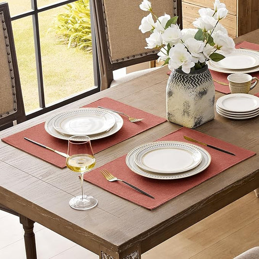 Romanstile Cloth Placemats Set of 4-12 x 18 Inch, Heat Resistant Double Layered Thickened Burlap Fall Place Mats, Washable Faux Linen Farmhouse Table Mats for Kitchen/Dining/Party/Outdoor, Orange