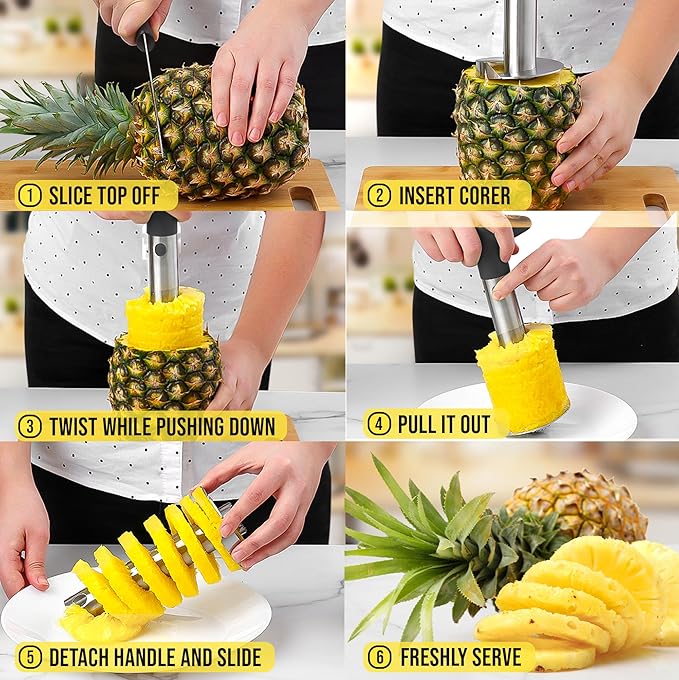 Zulay Kitchen Stainless Steel Pineapple Corer & Slicer – Heavy-Duty Pineapple Cutter with Reinforced Blade & Eye Removal Tool – Effortless Pineapple Core Remover & Slicer - Black