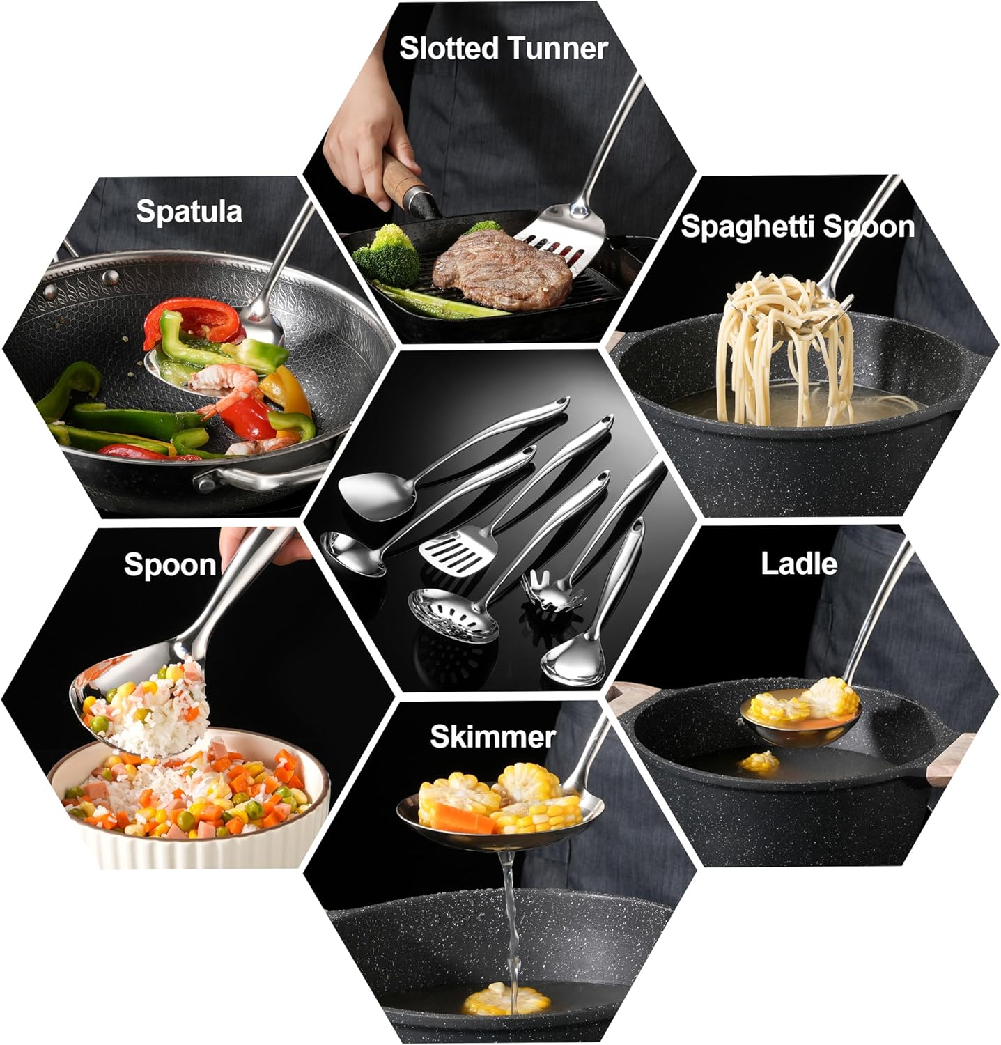 304 Stainless Steel Kitchen Utensil 6 PCS Cooking Utensils Set, Spatula, Ladle, Skimmer, Slotted Spatula Tunner, Spaghetti Spoon, Large Spoon