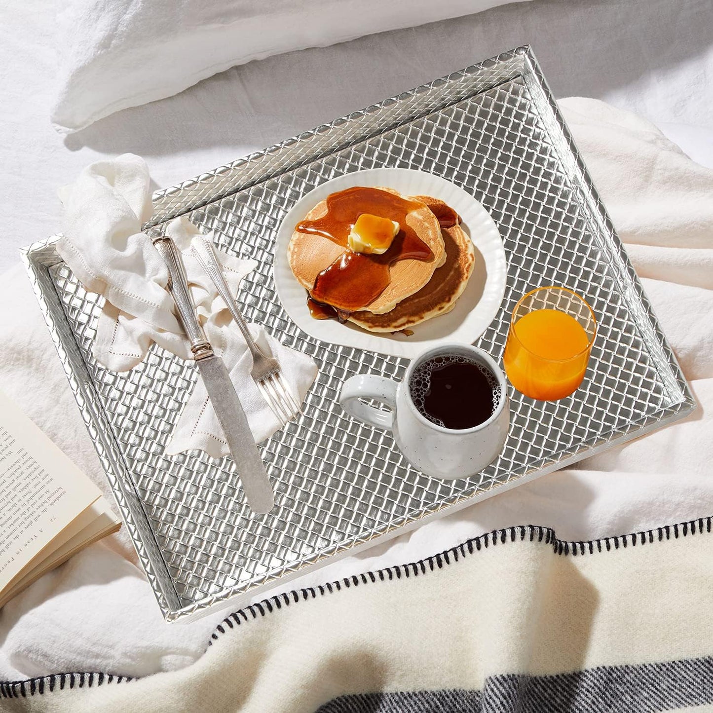 HofferRuffer Rectangle Serving Tray with Hole Handles for Coffee Table, Breakfast, Tea, Food, Butler - Countertop, Kitchen, Vanity Serve Tray, 16.2 x 12.2 x 2 inches, Faux Leather (Silver)