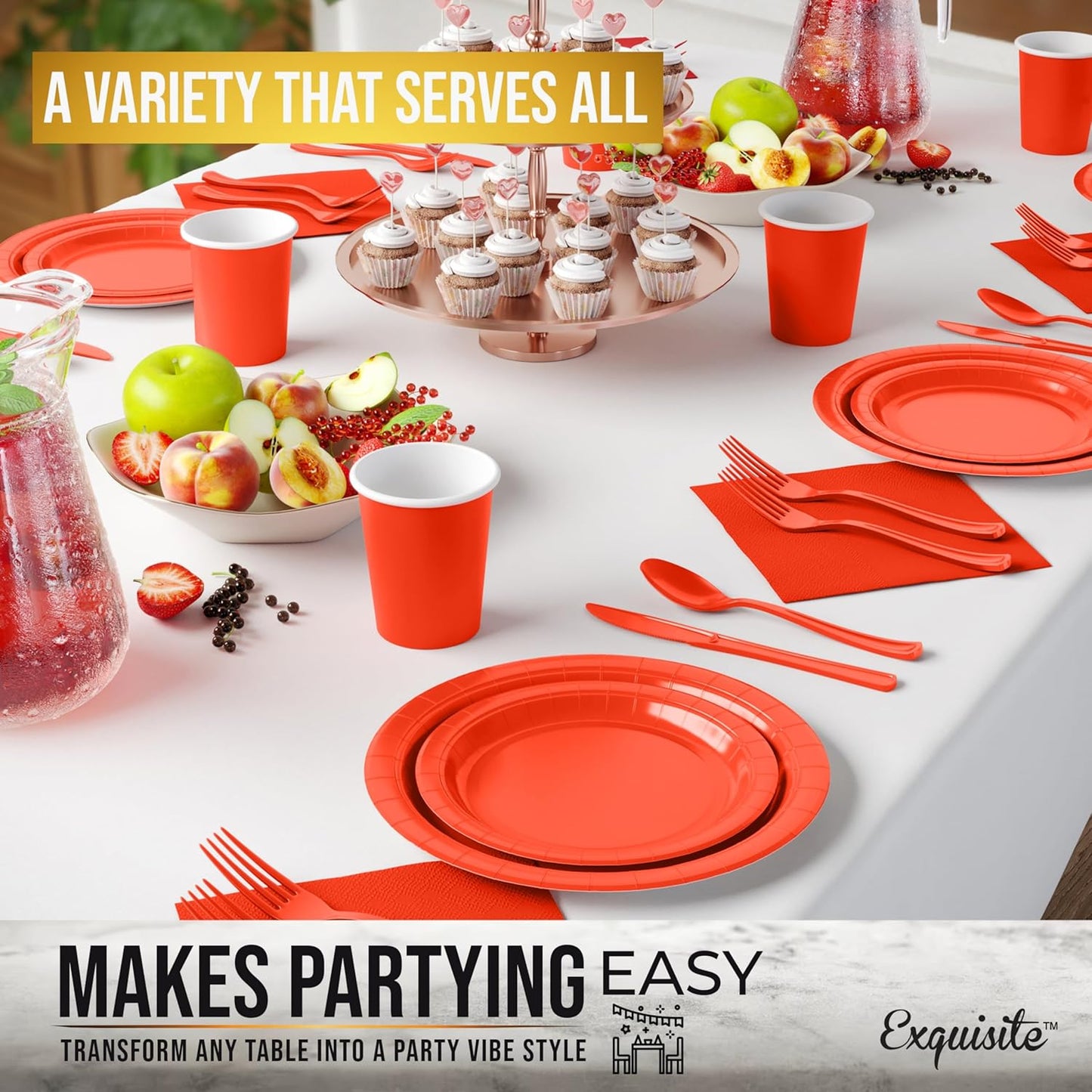 Exquisite 350 Pcs Orange Paper Plates For Party, Orange Disposable Plates Set, 50 Of Each 9" Dinner Plate Set, 7" Dessert Plate, Cups, Napkins & Cutlery Paper Dinnerware