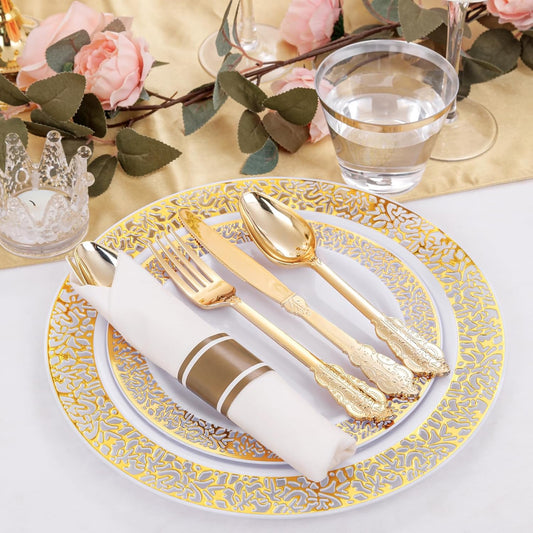DaYammi 210 PCS Thanksgiving Gold Plastic Plates, Thanksgiving Plastic Dinnerware Sets, Includes: 30 Dinner Plates, 30 Salad Plates, 30 Pre Rolled Napkins with Gold Silverware and 30 Cups 9 OZ