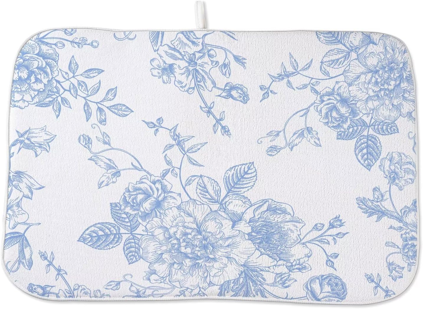 Baby Blue Chinoiserie Floral Dish Drying Mat 18 x 24 inch Vintage Flower Decorative Drying Mats Microfiber Absorbent Dish Washable Draining Mat for Kitchen Counter Decor