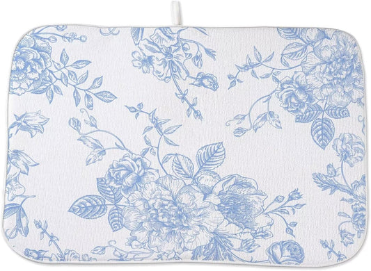 Baby Blue Chinoiserie Floral Dish Drying Mat 18 x 24 inch Vintage Flower Decorative Drying Mats Microfiber Absorbent Dish Washable Draining Mat for Kitchen Counter Decor