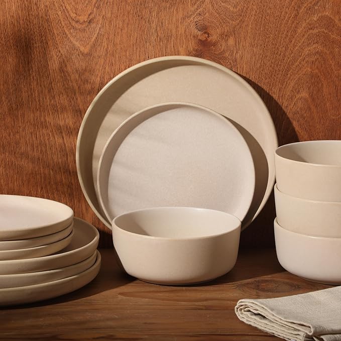 Gibson Elite Pasco 12 Piece (Service for 4) Plates and Bowls Reactive Glaze Dishes Stoneware Ceramic Dinnerware Set - Taupe