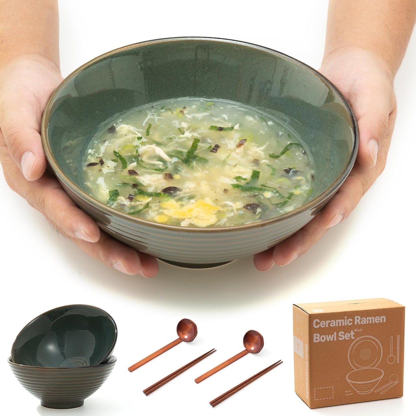 8 Inch Ceramic Ramen Bowl Set of 2, 40oz Japanese Bowls with Spoons & Chopsticks,Durable,Microwave & Dishwasher Safe,Perfect for Ramen,Pho,Salad,Soup,Noodles，Mixing bowls（Dark Teal）