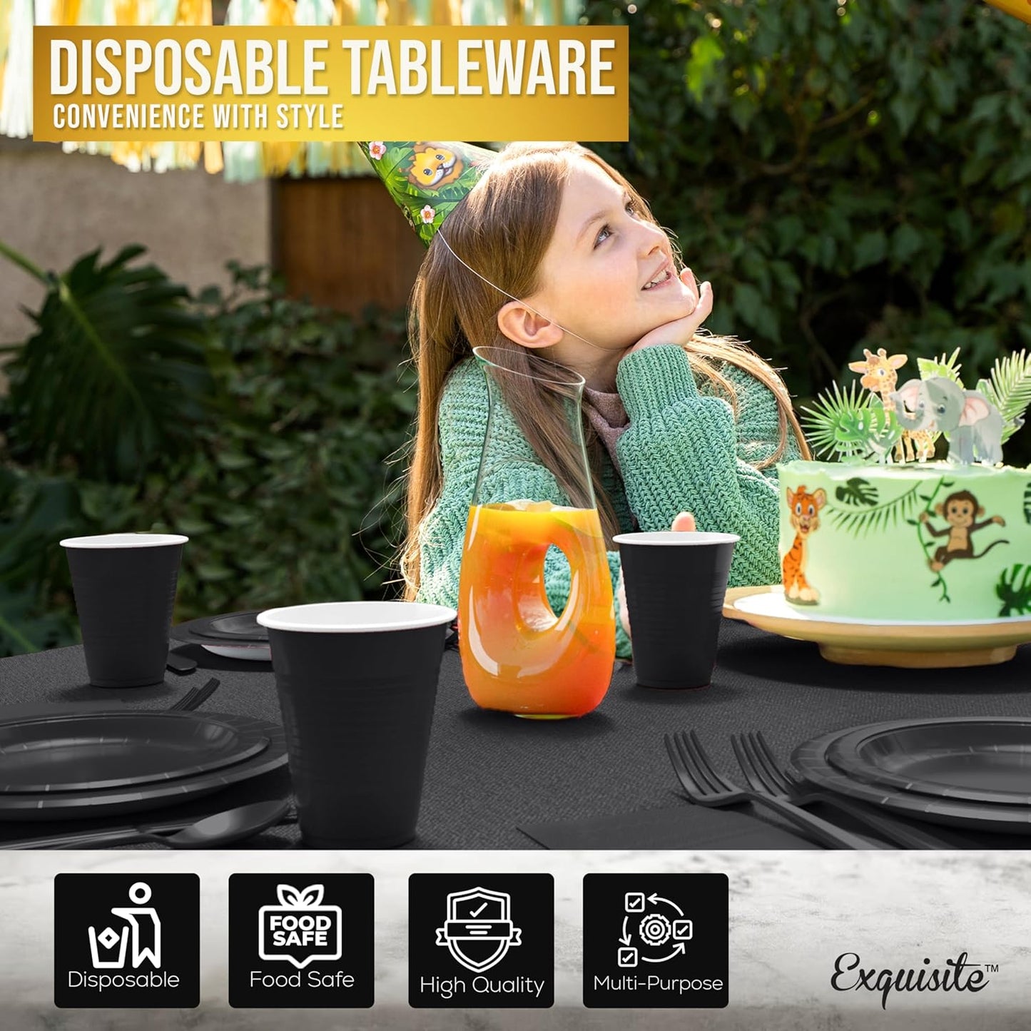 222 Pcs Black Paper Plates and Napkins Sets, Disposable Plates For Party, Lunch & Cocktail Napkins Paper, 18oz Plastic Cups, Cutlery and Black Table cloth Plastic Dinnerware Set