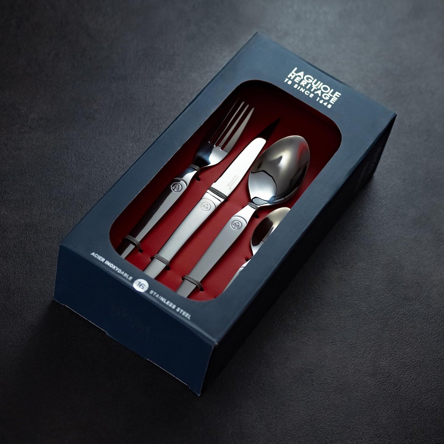 Laguiole Heritage Dinnerware Set; Premium Stainless Steel Knives, Forks, Spoons with Ergonomic Handles; Dishwasher Safe; 4 Person Sets; Polished, 16-Piece