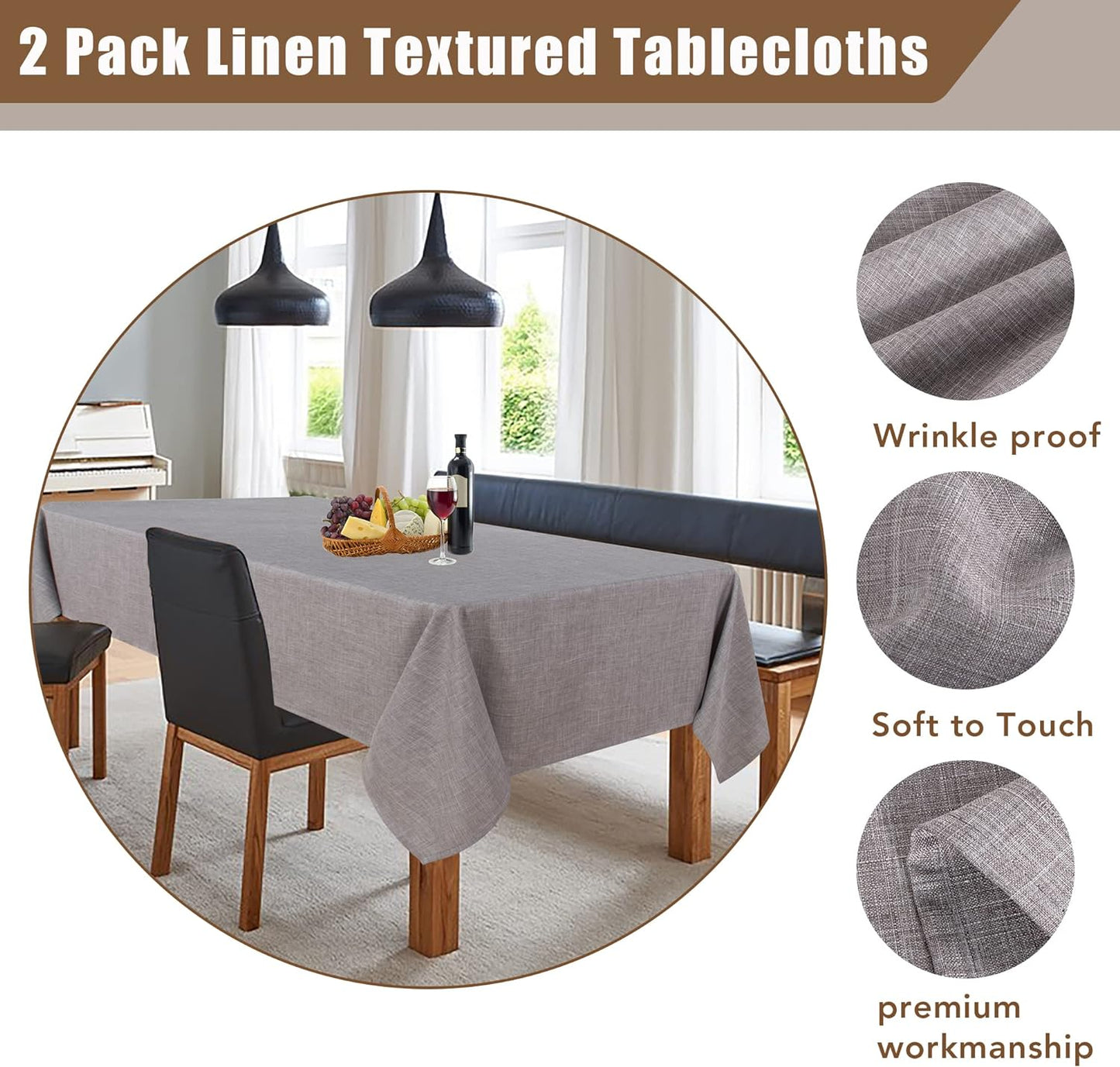 Fitable Faux Linen Tablecloths Rectangle 60 x 120 Inch - 2 Pack Neutral Table Clothes for 8 Foot Tables, Stone Flax Look Kitchen Table Covers for Farmhouse, Dining, Party, Banquet, Buffet