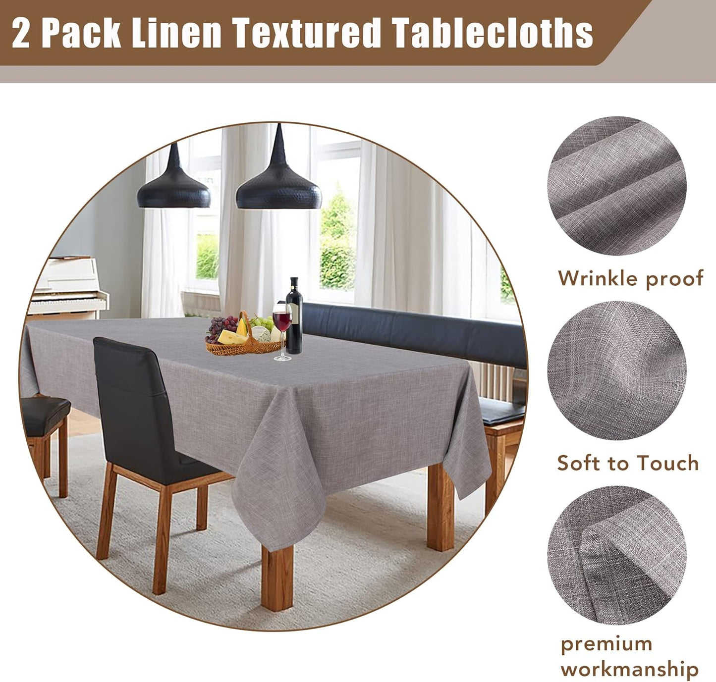 Fitable Faux Linen Tablecloths Rectangle 60 x 144 Inch - 2 Pack Neutral Table Clothes for 10 Foot Tables, Stone Flax Look Kitchen Table Covers for Farmhouse, Dining, Party, Banquet, Buffet