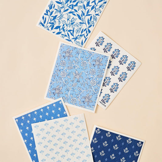 RECYCO Swedish Dishcloths for Kitchen | 6 Pack Heritage Florals Blue Washable Dish Rags | Cellulose Reusable Cleaning Paper Towels | Absorbent Counter Dish Cloth Sponge Kitchen Wipes, 8" L x 7" W
